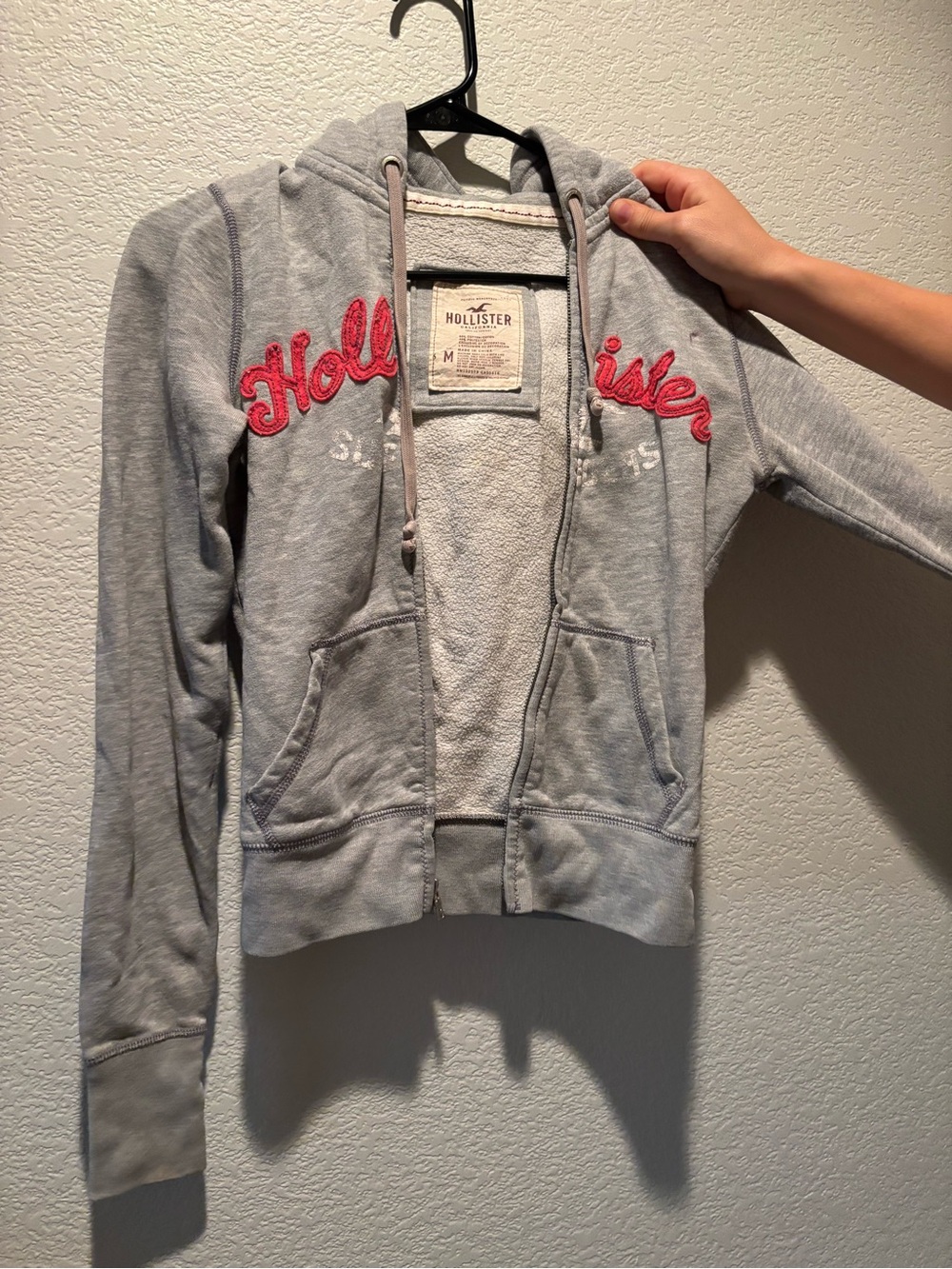 Hollister Light Gray Zip Hoodie with Pink Script Logo